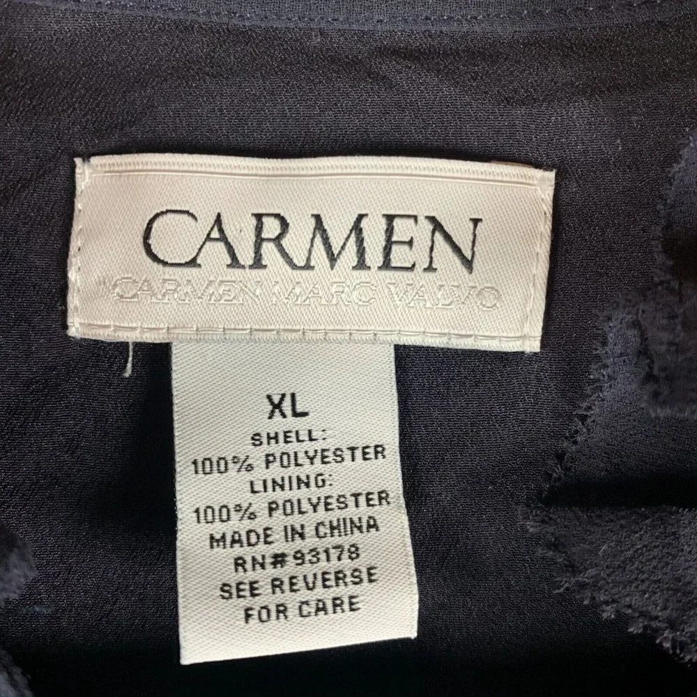 Carmen Marc Valvo Sheer Blouse Womens XL Black‎ Ruffle Sleeve Button Front 7761 - Picture 3 of 5